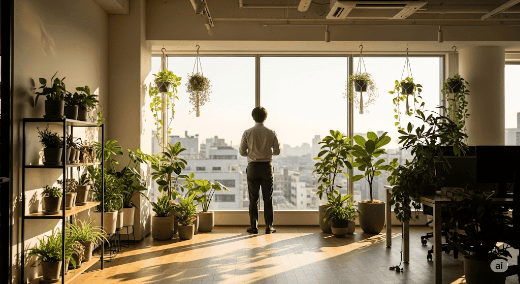 A person stands in a modern, sunlit office, looking out a window